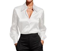 Élégant, Locker geschnittene Satinbluse mit Langen Ärmeln für den Herbst - Ein vielseitiges, einfarbiges Oberteil in Unifarben., Weiß, XL