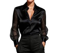Élégant, Locker geschnittene Satinbluse mit Langen Ärmeln für den Herbst - Ein vielseitiges, einfarbiges Oberteil in Unifarben., Schwarz, XL