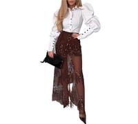 Elegant Mesh Sequined Patchwork Party Skirt 2026 Fashion High Waist Solid Long Women's Sexy Temperament Slim Gowns Skirts(02 Burgundy,L)