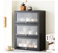 Élégant meuble de rangement de cuisine en bambou à 3 niveaux avec portes coulissantes - Support indépendant pour bouteilles, assiettes et bols à condiments - Noir moderne 42 x 70 cm
