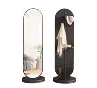 Élégant miroir rotatif 2 en 1 sur toute la longueur et porte-manteau élégant en bois noir avec crochets et étagère de rangement pour chambre à coucher et salon, décoration d'intérieur moderne et