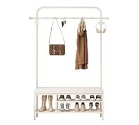 Élégant porte-manteau d'entrée avec cadre en métal, tabouret rembourré et 6 crochets - Arbre d'entrée compact pour les petits espaces, idéal pour le couloir et le salon (80 cm)