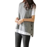 Élégant Pull sans Manches Femmes Pull Gilet Vintage Mode Côté Bouton Col Rond Pull Tricoté Gilet Streetwear Preppy Style Décontracté Tricots Débardeur Gilet sans Manches Automne Hiver Gris S