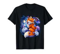 Élégant Renard Rouge avec chrysanthèmes Bleus T-Shirt