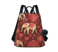 Élégant sac à dos à motif d'éléphants et de fleurs mandala pour un transport quotidien, compartiment principal zippé à l'arrière et poches latérales, style décontracté