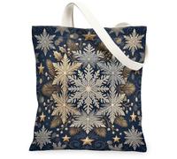 Élégant sac fourre-tout en toile avec flocon de neige doré sur le thème de | Accents métalliques dorés, fond bleu marine, motif botanique d'hiver, accessoire de shopping réutilisable