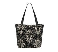 Élégant sac fourre-tout noir floral damassé pour femme - Sac fourre-tout léger et réutilisable en toile avec fermeture éclair, sac fourre-tout en coton avec dragonne pour sacs d'épicerie, sacs de