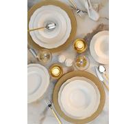 Élégant service à dîner 26 pièces, 100% porcelaine, blanc et doré | Comprend des assiettes de service, des assiettes profondes, des bols et des assiettes | Passe au lave-vaisselle et au micro-ondes