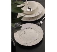 Élégant service à dîner 56 pièces, 100% porcelaine d'os, blanc et argent | Comprend des assiettes de service, des assiettes profondes, des bols, des plats, des shakers | Parfait pour les occasions