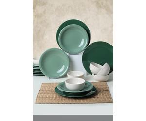 Élégant service de dîner en céramique 18 pièces, vert et blanc, 100% antibactérien, facile à nettoyer, résistant aux chocs thermiques, passe au lave-vaisselle et au micro-ondes
