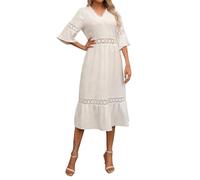 Elegant Solid Color Lightweight Midi Dress for Loose Mock Neck Split Half Sleeves with Lace Detailing Plus Size (White, XL)