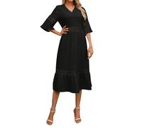 Elegant Solid Color Lightweight Midi Dress for Loose Mock Neck Split Half Sleeves with Lace Detailing Plus Size (Black, XL)