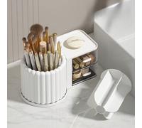 Élégant support rotatif à 360 degrés pour pinceaux de maquillage blanc - Boîte de rangement en plastique poli avec compartiments transparents pour ranger les cosmétiques, les stylos, etc. - Aucune ali