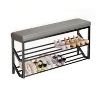 Élégant tabouret à chaussures étroit à 2 niveaux avec coussin en cuir synthétique et cadre en métal, parfait pour le couloir, l'entrée et le rangement du salon (gris et noir, 60 x 20 cm)