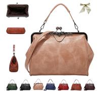 Elegant Waterproof Women'S Leather Kiss-Lock Tote Handbag, Women Oil Wax Vintage Crossbody Bag With Adjustable Strap (Apricot)