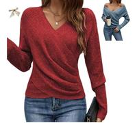 Elegant Women's Casual Knit Sweater V Neck,Cross Wrap Long Sleeve Warm Pullover,Fashion Off Shoulder Solid Color Fall Tops (FR/ES, Alpha/Lettres, TG, Taille Normale, Taille Normale, Red)
