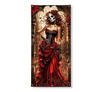 Élégante bannière décorative pour porte d'entrée en forme de tête de mort, roses rouges gothiques et dentelle noire pour décoration de porte d'entrée, fournitures de festival d'Halloween pour