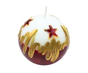 Élégante bougie sphérique, bougie de table, bougie décorative en cire avec motif de Noël, bougie de Noël comme boule de 10 cm, en blanc, rouge et or.