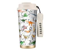 Élégante bouteille d'eau d'apprentissage des lettres de l'alphabet avec dinosaures avec couvercle à paille en acier inoxydable, large goulot isolé, anti-fuite, pour femme, blanc