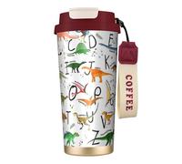 Élégante bouteille d'eau d'apprentissage des lettres de l'alphabet avec dinosaures avec couvercle à paille en acier inoxydable, large goulot isolé, anti-fuite, pour femme, rouge