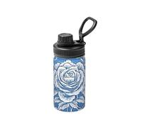 Élégante bouteille d'eau isotherme de 355 ml avec imprimé de fleurs bleues, tasse à eau pour voyage, sport, espace, large goulot, acier inoxydable