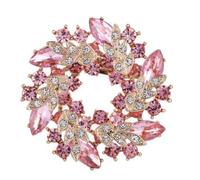 Élégante broche florale en cristal, strass roses et transparents, couronne dorée
