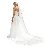 Élégante coiffe de mariée longue, ornée de dentelle brodée, pour un mariage de style cathédrale. (White, One Size)/1
