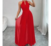 Élégante combinaison pour femmes avec cravate de cou verte, col en V sans manches, taille resserrée, patchwork en mousseline transparente et jambes larges L,M,S,XLÉtoffe