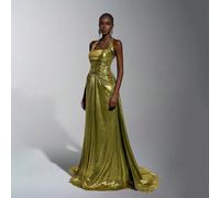 Élégante et luxueuse robe de soirée maxi fluide et formelle avec décoration de foulard plissé fait main, avec fils de paillettes or et argent, bretelles spaghetti, col carré et nœud torsadé L,M,S,XL,X