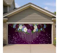 Élégante housse de porte de garage à motif floral violet vintage rose et fleurs blanches, décoration de fête printanière intérieure et extérieure, 397 x 180 cm