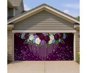 Élégante housse de porte de garage à motif floral violet vintage rose et fleurs blanches, décoration de fête printanière intérieure et extérieure, 397 x 180 cm