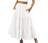 Élégante noire avec élastique pour femme - Style bohème - Taille élastique - Plissée - Ligne A - Fluide - Balançoire - Longue jupe de plage - Avec poches - Avec boutons, Blanc., L