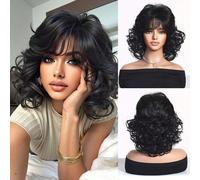 Élégante perruque vintage bouclée noire frisée de 12 pouces de style court avec frange, perruque synthétique tressée pour femmes, idéale pour le quotidien et les occasions festives Fibre haute tempéra