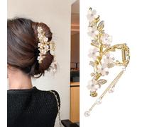 Élégante pince à cheveux florale en forme de fleur de jasmin avec strass et perles - Pinces à cheveux antidérapantes en métal pour femme - Pinces à cheveux à l'arrière de la tête de requin