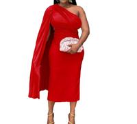 Élégante robe crayon midi à manches longues avec coutures et fermeture éclair en polyester extensible, Rouge, 5XL