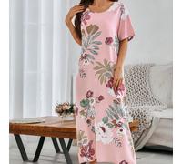 Élégante robe de nuit d'été pour dames à col rond et manches courtes, avec grand imprimé floral. Déshabillé de luxe, robe de nuit mou mou L,M,S,XL,XXLPlantes,Tout ImpriméTissu tissé