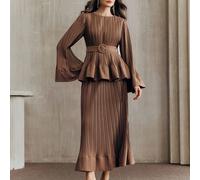 Élégante robe de soirée de mode pour rendez-vous, fête du Nouvel An, sortie. Ensemble de robe 2 pièces polyvalente avec manches évasées, taille plissée et jupe évasée. Idéal du printemps à l'été L,M,S