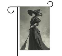 Élégante robe de sorcière sombre tenant un balai, drapeau de jardin, vacances saisonnières, toile de jute double face, drapeaux extérieurs de maison, cour, 30,5 x 45,7 cm