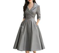 Élégante robe midi pour femme avec col en V et taille empire, longueur thé, automne, affaires, manches longues, gris, 3XL