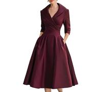 Élégante robe midi pour femme avec col en V et taille empire, longueur thé, automne, affaires, manches longues, bordeaux, XXL