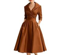 Élégante robe midi pour femme avec col en V et taille empire, longueur thé, automne, affaires, manches longues, café, S