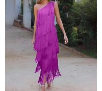 Élégante robe taille haute à col diagonal pour femme avec pompons multicouches pour événements décontractés (XL violet)