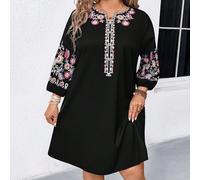 Élégante robe vintage décontractée pour femmes, best-seller, motif floral col V, manches 3/4 avec poignets élastiques, coupe évasée longueur genou, couleur noire, grandes tailles, adaptée au printemps