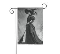 Élégante sorcière sombre tenant un balai, drapeau de jardin, 30 x 45 cm, vertical, double face, ferme, vacances, décorations extérieures, drapeau de cour