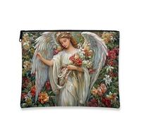 Élégante trousse de maquillage angélique à motif floral vintage pour femme, organiseur portable en toile avec fermeture éclair, parfaite pour les cadeaux et les vacances, blanc, 7x9 Inch, Ange