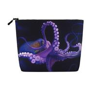 Élégante trousse de maquillage en chanvre avec impression vue sur la mer de Santorini - Trousse de toilette de voyage réutilisable avec grande capacité, Pieuvre violet., Taille unique