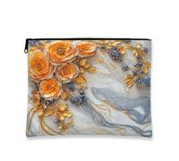 Élégante trousse de maquillage florale vintage dorée et bleue pour femme, organiseur de toilette de voyage portable, parfaite pour la saison d'hiver, 17,8 x 22,9 cm