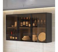 Élégante vitrine murale en verre marron/gris avec poignée cachée, solution de rangement étroite pour salle de bain, cuisine ou salon, économise de l'espace.