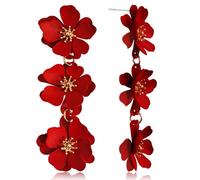 Élégantes boucles d'oreilles pendantes à triple fleur bohème mate à trois niveaux - Charme chic - Longues boucles d'oreilles à tige florales pour femme, Métal, Pas de gemme