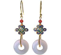 Élégantes Boucles D'Oreilles Pendantes En Jade Blanc Ethnique - Cloisonné De Bon Augure Noeud Chinois Crochet D'Oreille Dangler Bijoux De Goutte D'Oreille, Charme Chic Clip D'Oreille Accessoires D